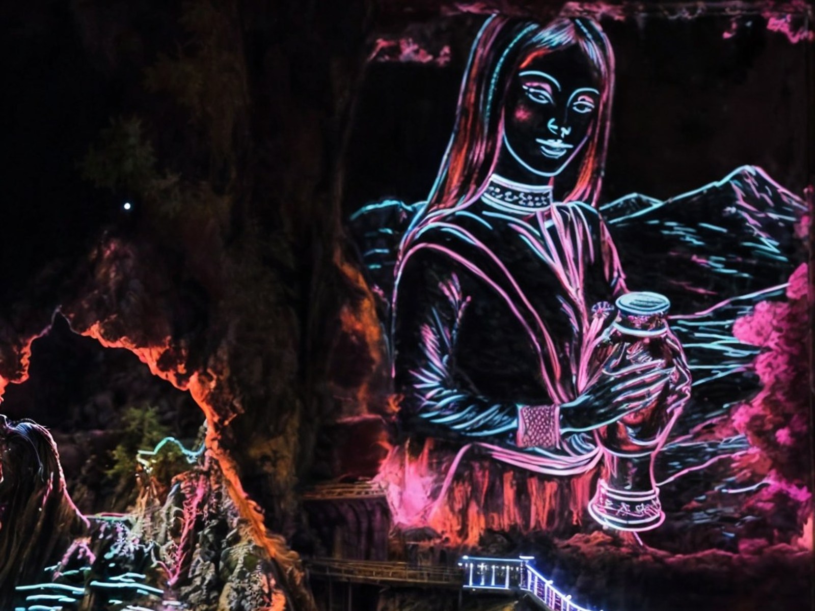 Легенда о Каспий и Сулак. Сцена спектакля Великаны Дагестана, световые эффекты и проекции на скалах Сулакского каньона.
